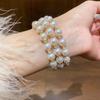 Retro French-Style Diamond and Pearl Open Bangle Bracelet