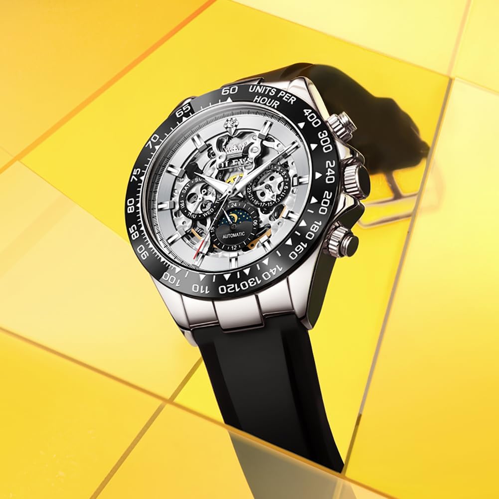 OLEVS Men's Watch Automatic, Skeleton, Date, Water-Resistant, Luminous, Diamond, Fashion, Business Watch for Men, White