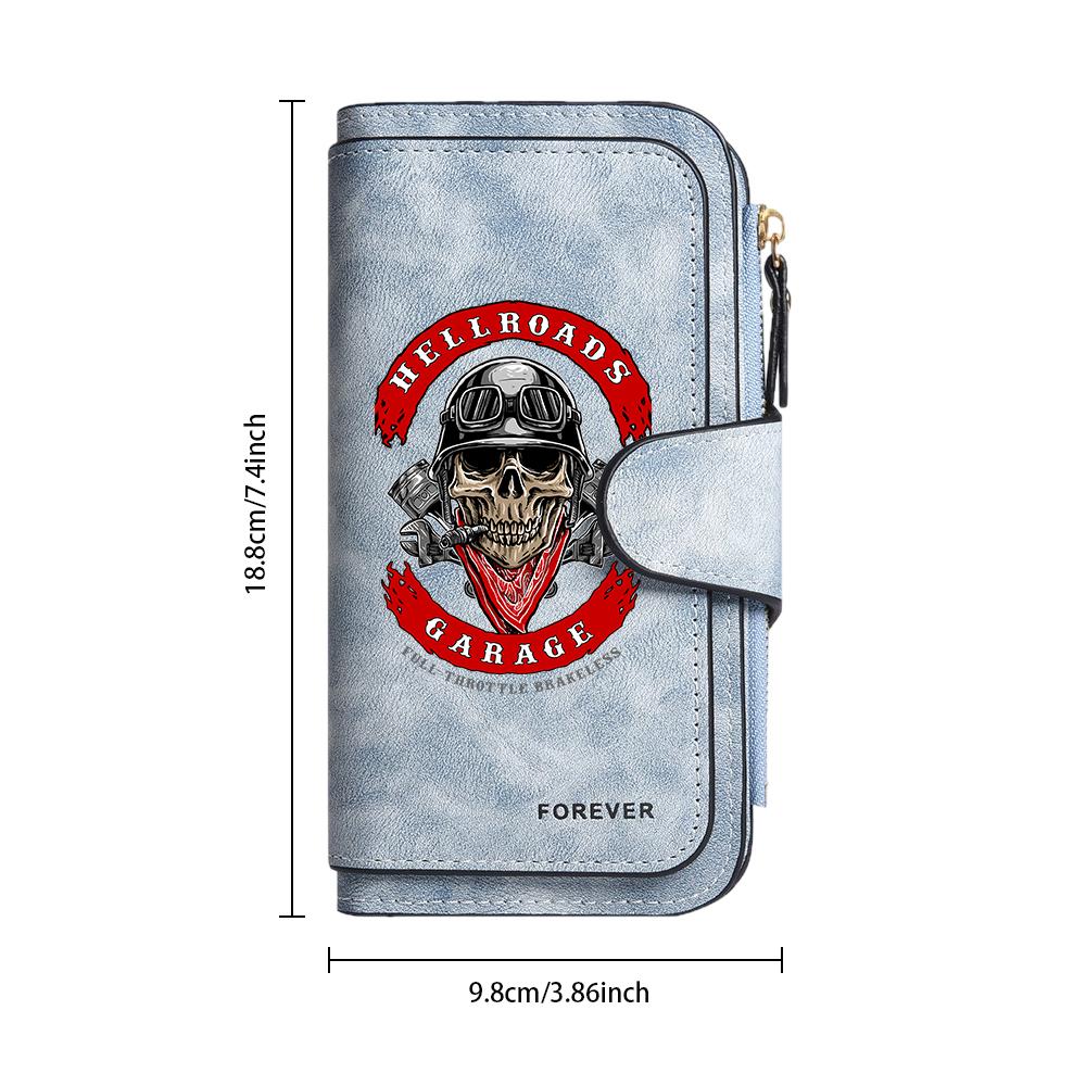 Vintage Biker Skull Print Leather Wallet Fashion Casual Multicard Long Purse