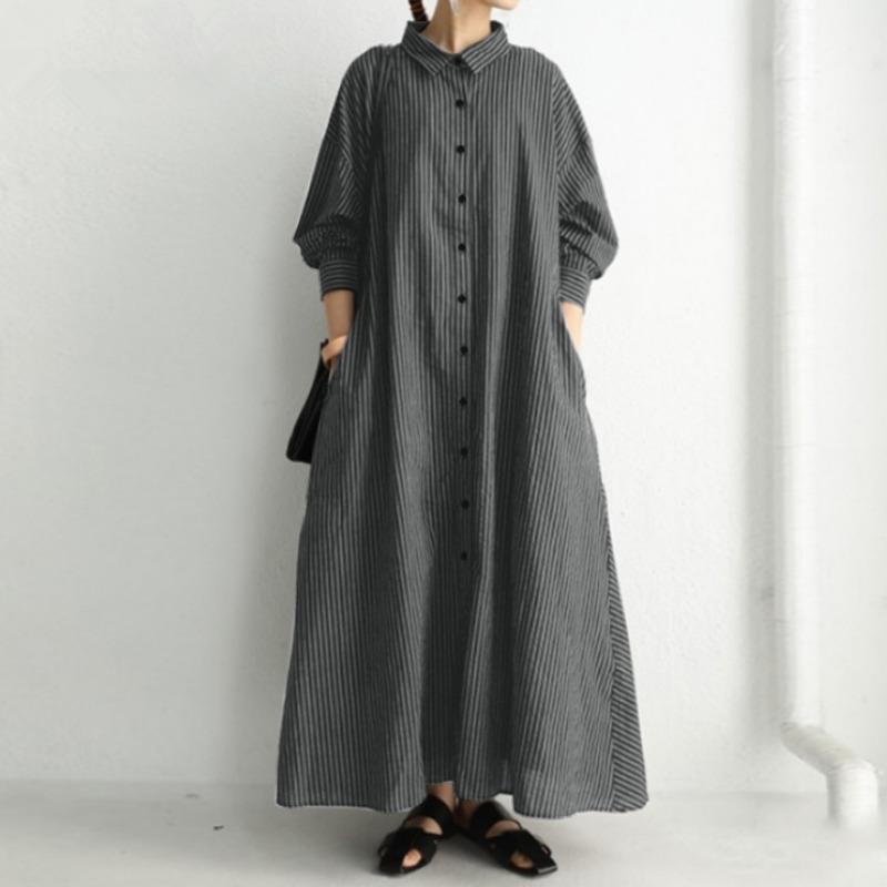 Cotton and Linen Lapel Striped Long Shirt Dress Women Long Sleeve Loose Casual Dresses Women Pocket Simple Plus Size Lady Dress 24168 S