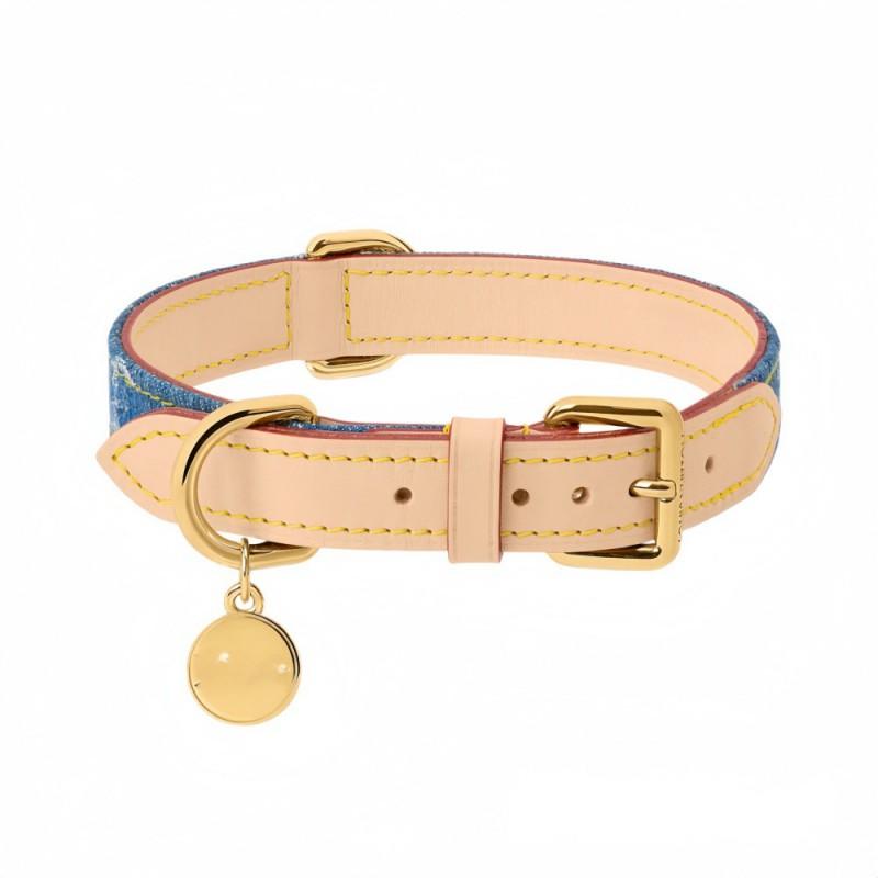 Luxury Denim Monogram Dog Collar Adjustable Leather Pet French Bulldog Dachshund Cat