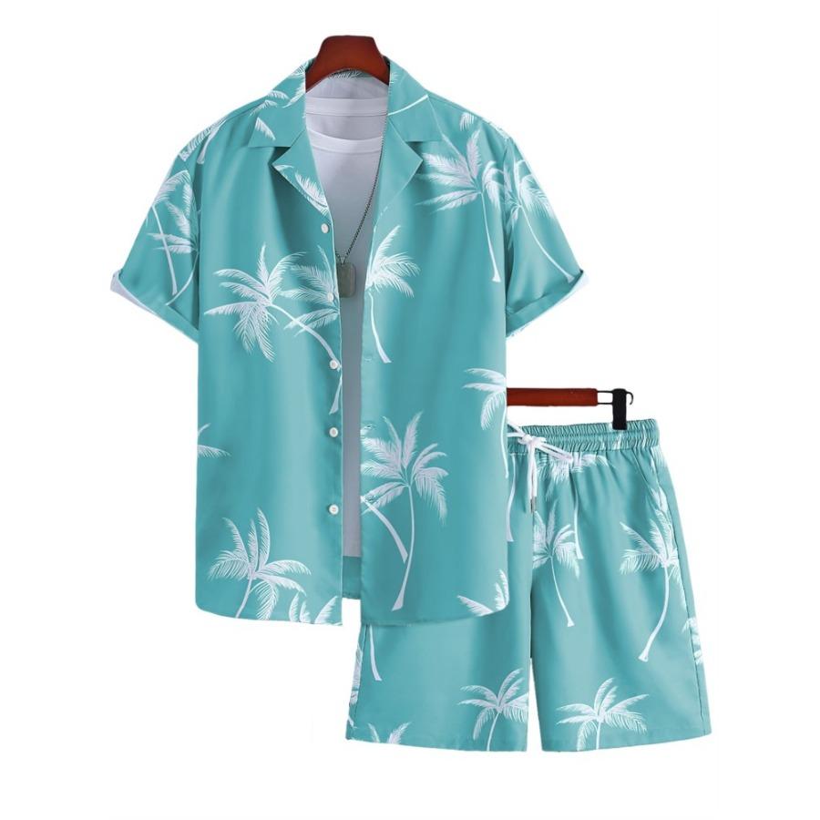 Men's Short Sleeve Shirt Set Blue Ocean Palm Tree Printed Shirt Hawaiian Beach Shirt Set