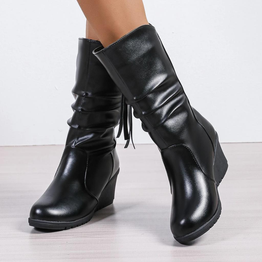 Módní dámské boty Podzim Zima Plyšové Boty s kulatou špičkou pro ženy Čtvercový podpatek Vintage Nazouvací Klínek Středně vysoké klínkové boty Dámské Zapatos De Mujer