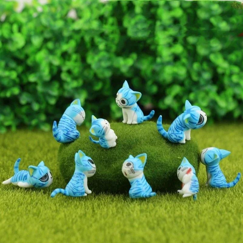 9pcs Cheese Cat Mini Ornament Sets Moss Micro Landscape Succulent Decorative Figurines Cartoon Animals Desktop Cats Craft Gifts