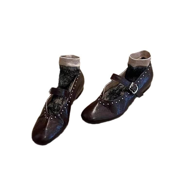 Sheepskin Version~ Retro Leather Round Head Shallow Mouth Mary Jane Shoes Women's Versatile Flat Bottom Rivets One Word with Commuter Shoes