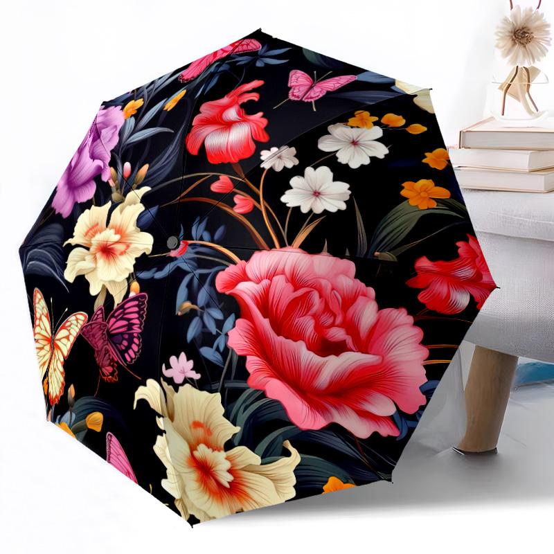 Tropical Fruit And Flowers Compact Travel Automatic Umbrella Retractable Design with 8-Rib Durability Sturdy Construction All-Season Travel