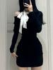 Black Off Shoulder Elegant Slim One Piece Dress Women Autumn Winter New Gyaru Sexy Party Dresses Korean Fashion Bow Y2k Short Dress