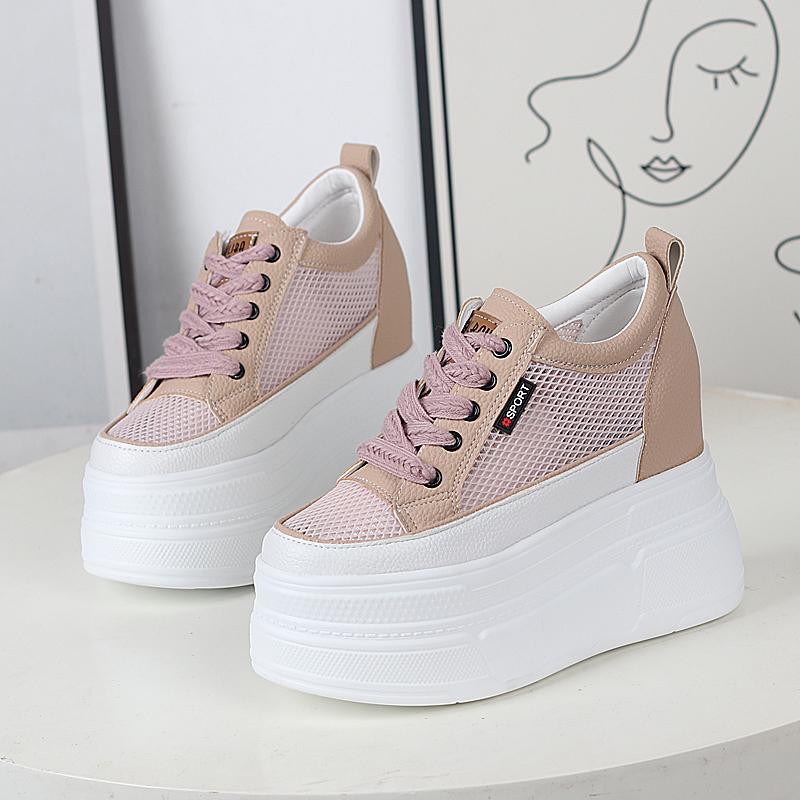 Fashion 12CM Air Mesh Genuine Leather Slides Hidden Heel Summer Ankle Boots Hollow Women Platform Sandals Wedge Breathable Shoes