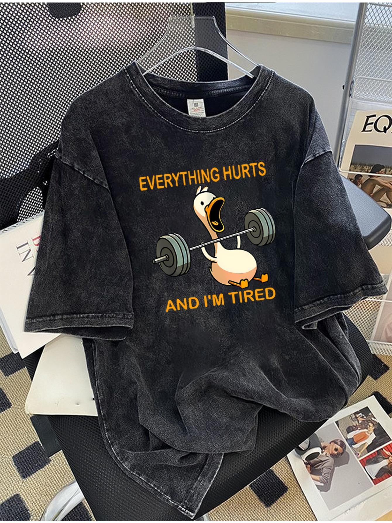Summer Mens Loose Tshirt Vintage Washed Cartoon Weightlifting Duck Print Cotton Breathable Comfortable for Daily Use S