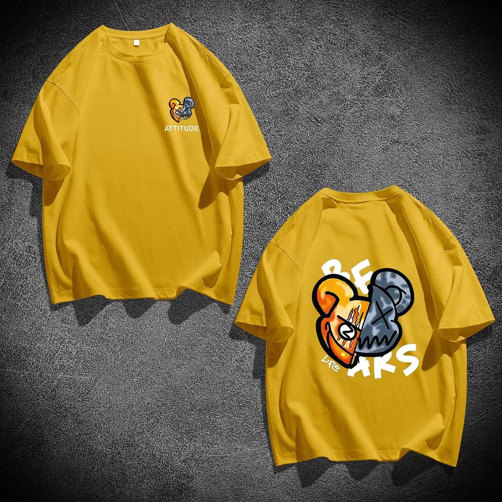 2025 New Men's Bear Print Cotton T-shirt Summer Short Sleeve Round Neck Tees Loose Classic Streetwear Oversized Unisex Tops
