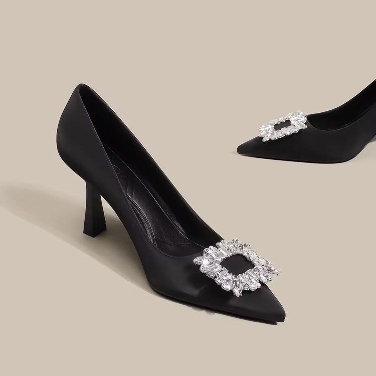 Nude celebrity patent leather temperament commuter shoes new French rhinestone square buckle versatile high heels women