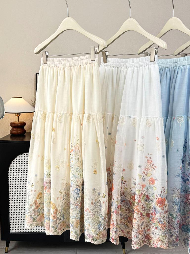 Monet Garden Floral Print Midi Skirt: French A-line Beach Style, Spring/Summer 2026 Collection