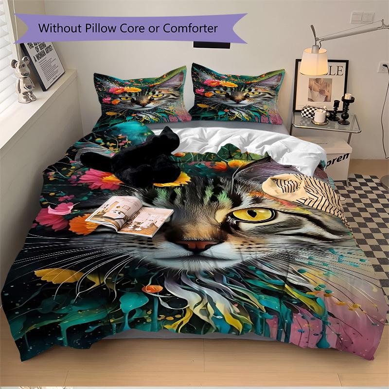 3pcs Floral Cat Artwork Duvet Cover Set -Includes 1 Duvet Cover and 2 Pillowcases, No Quilt Core, All-Season Home Decor Yy251111182