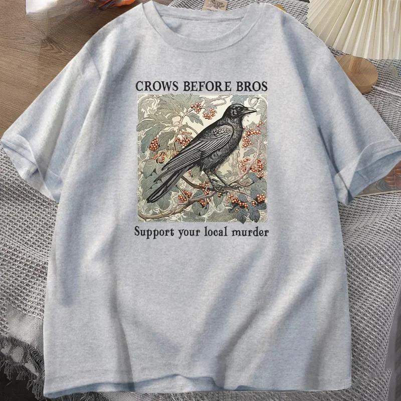 New Funny Crows Before Bros Retro T Shirt Men Halloween T-shirt Casual Cotton Crewneck Short Sleeve Tee Dark Academia Clothing