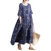 Vintage Women Cotton Linen Dress Print Spliced Striped O Neck Short Sleeve Pocket Loose Dress