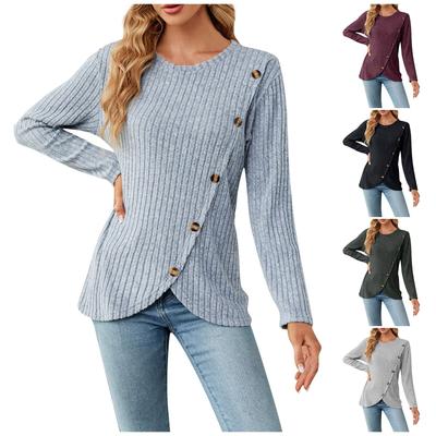 Women's Fashion Sexy Comfortable Round Neck Pullover Vacation Long Sleeve Button Hem Split Top