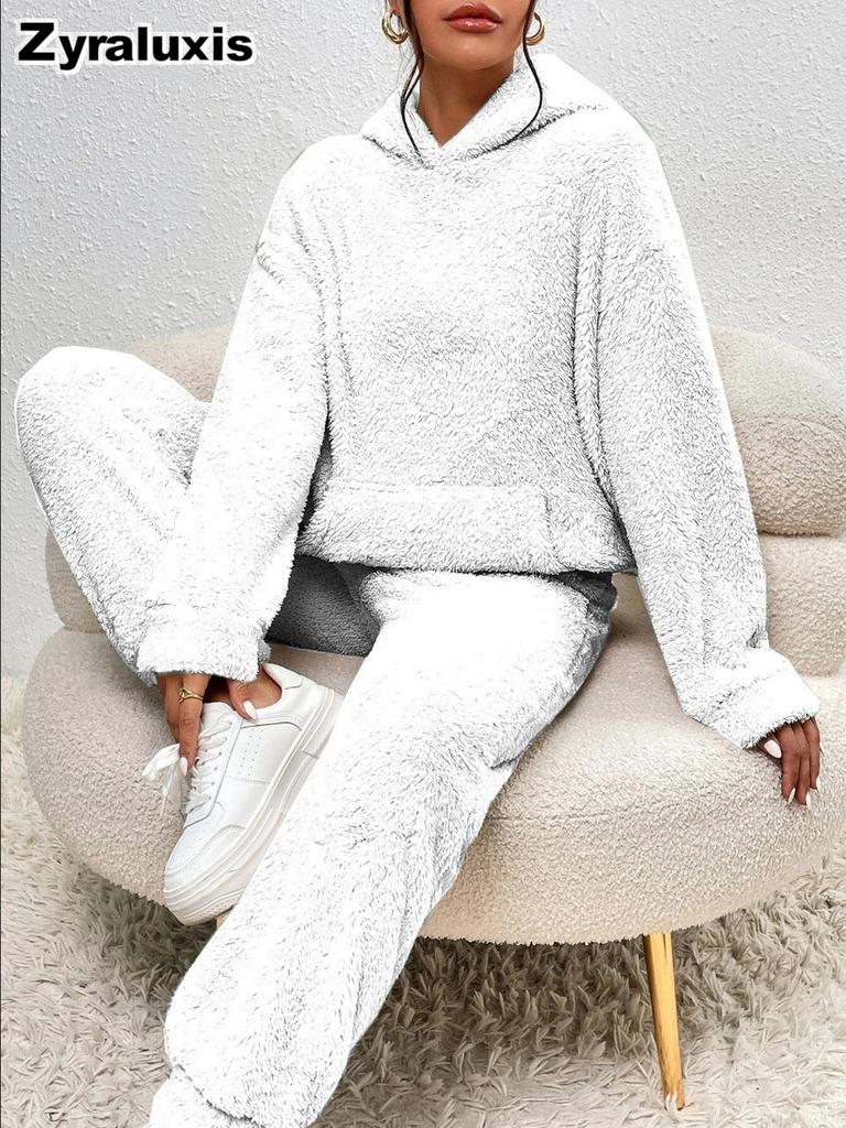 New Arrival Autumn Winter Solid Color Women's Hoodie Long Sleeve Fleece Padded Casual Pants Home Two Piece Set