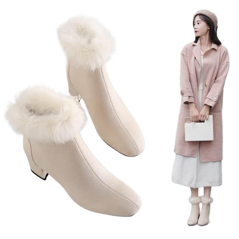 Real Rabbit Fur Flannel 2025 Cheongsam Winter Velvet New Boots Short Boots Women's Velvet Versatile Fashion Boots Skirt
