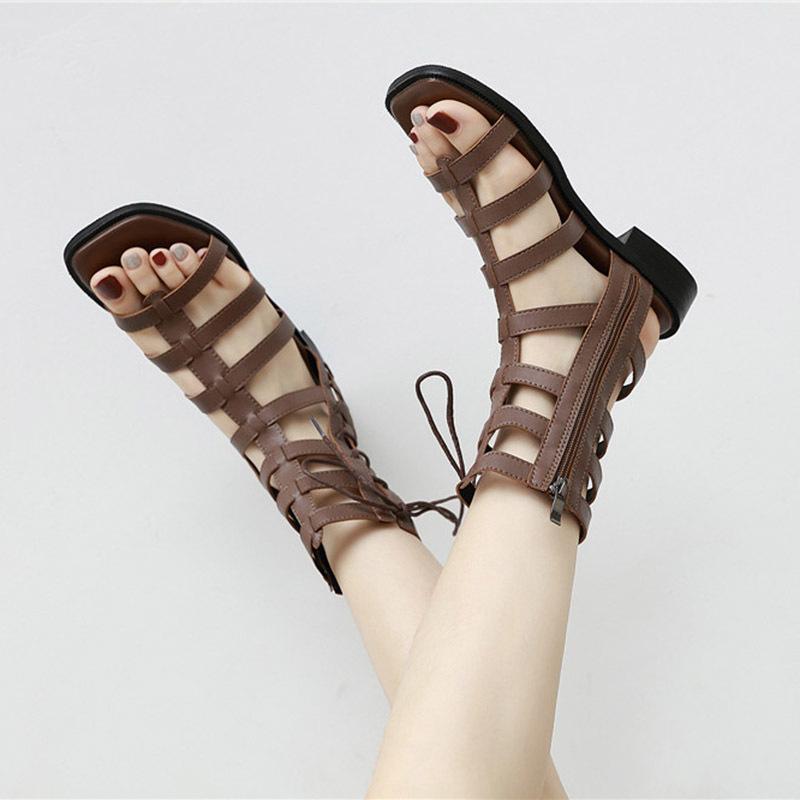 Roman Shoes Sandals Women's Beach Hollow Comfortable 2025 Spring New Flat Heel Fashion Versatile High-top Lace-up Shoes