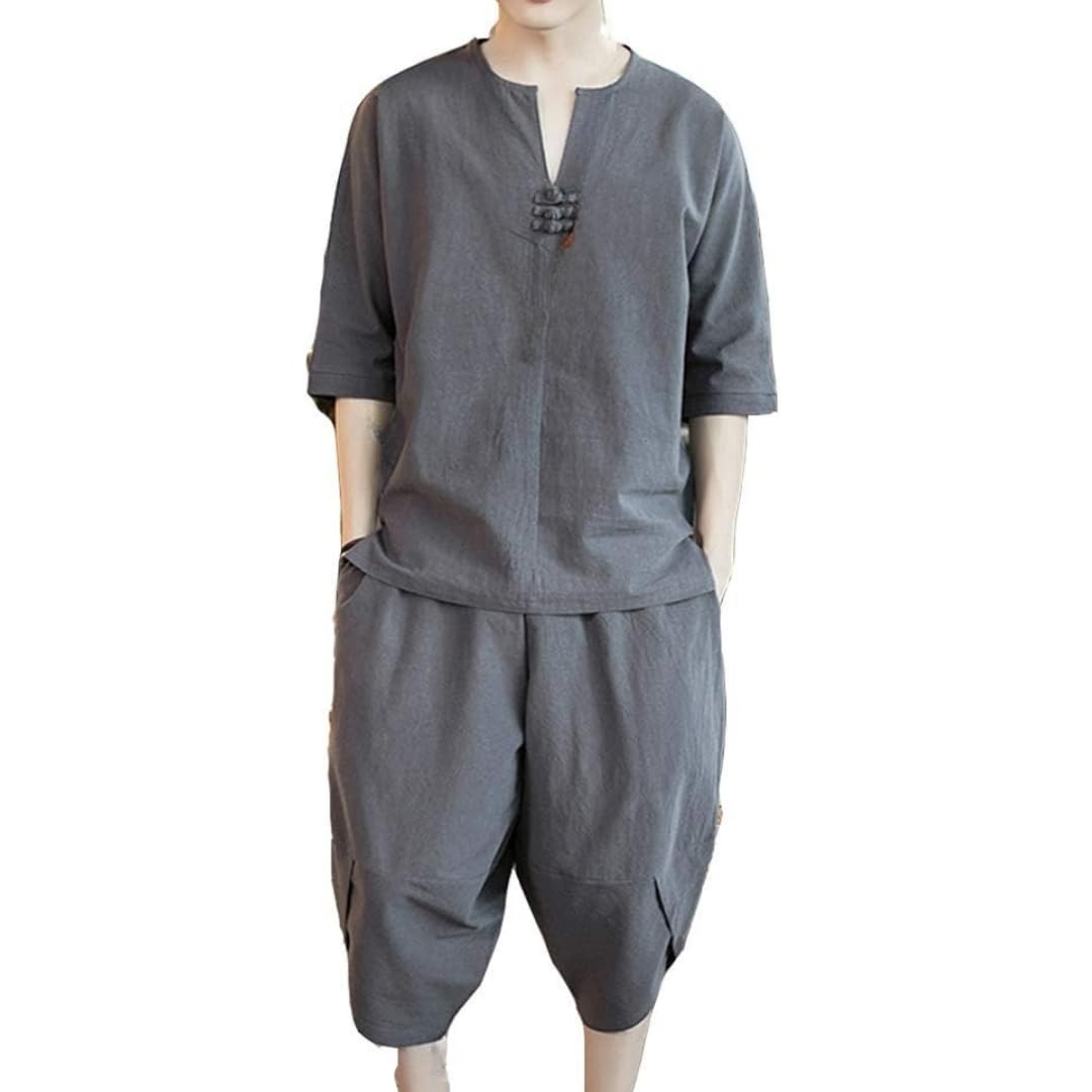

льняной короткий топ и низ короткий топ и комплект однотонный [Auty IZUMIYA] Мужская домашняя одежда, одежда в японском стиле, футболка, рукав 3/4, рубашка, рукав, комплект, серый
