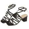 New Cross-buckle Chunk-heeled Women's Shoes Mid-heeled Square-toed Flip-flops