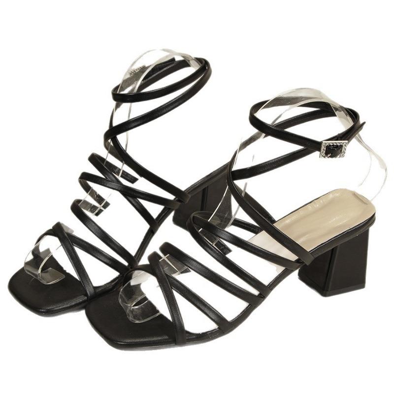 New Cross-buckle Chunk-heeled Women's Shoes Mid-heeled Square-toed Flip-flops