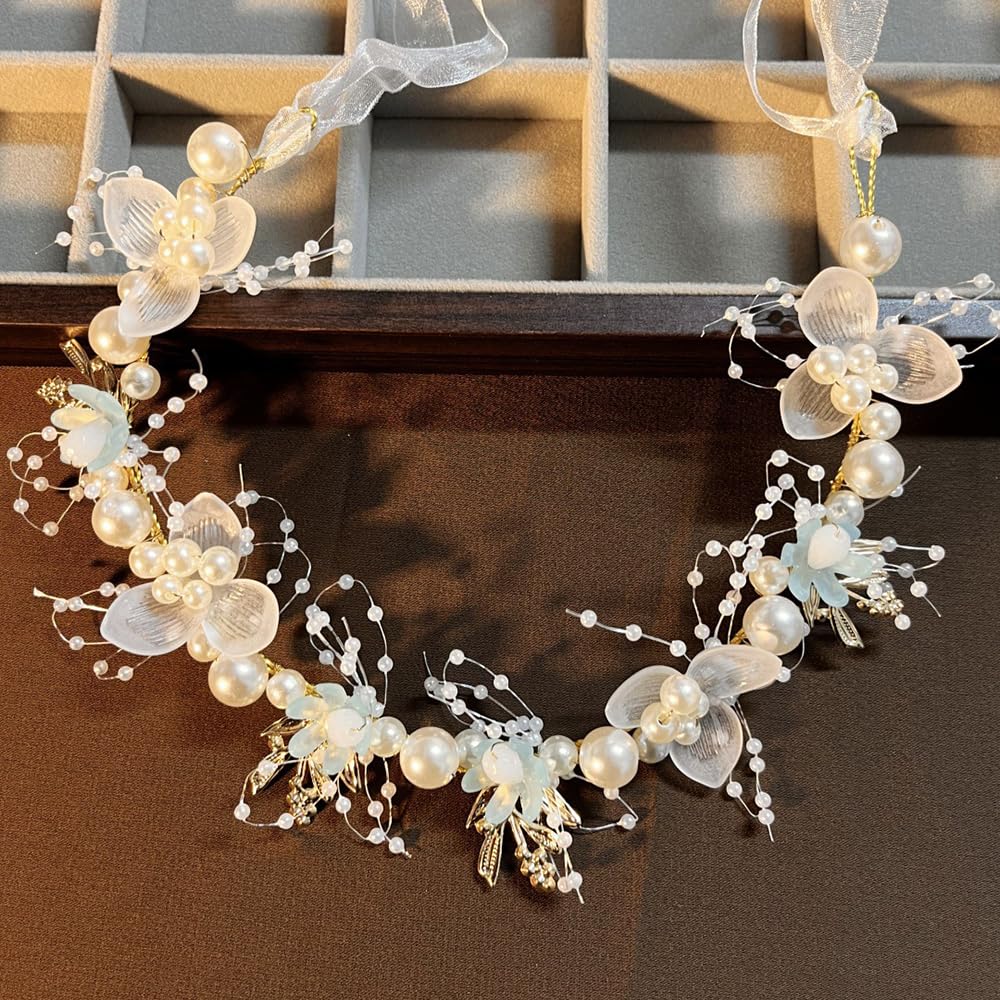 YFFSFDC Flower Crown with Pearl and Crystal Beads, Cute Hair Ornament, Hair Accessory, Headband, Children's Headpiece, for Weddings, Photo Shoots,