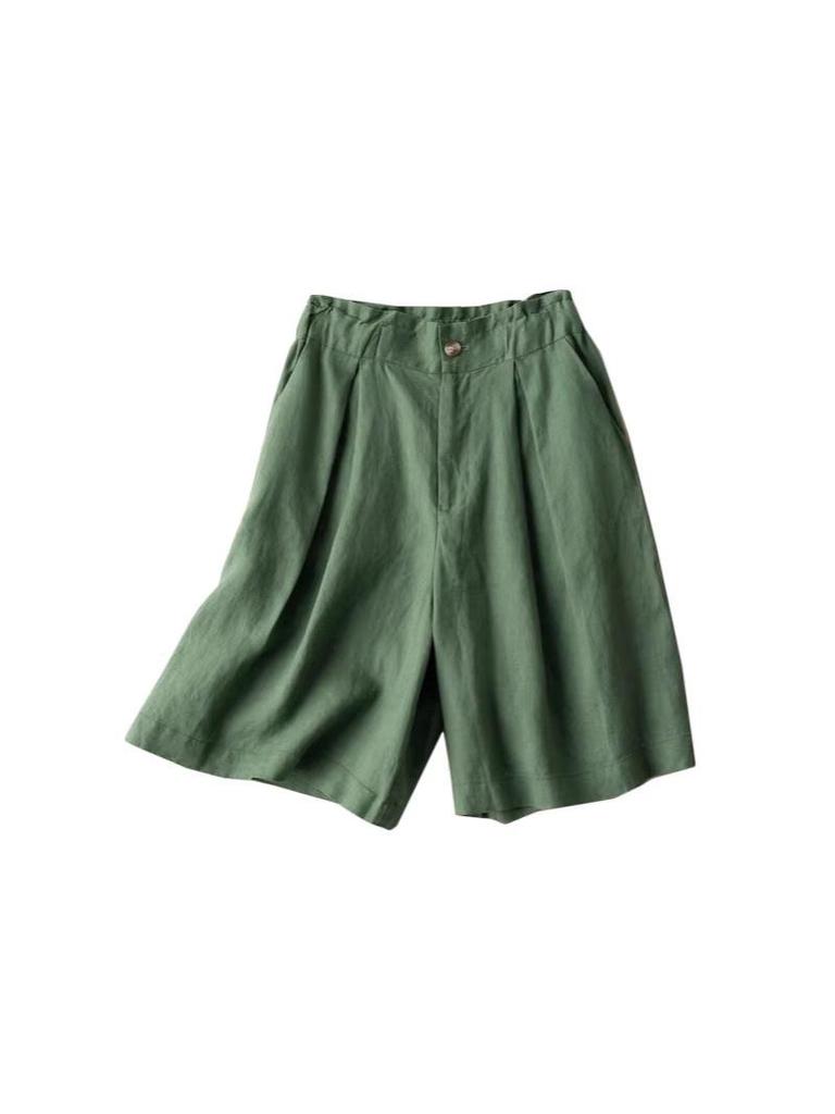 Summer Elastic Waist Cotton-Linen Capris with Wide Legs and Retro Solid Color