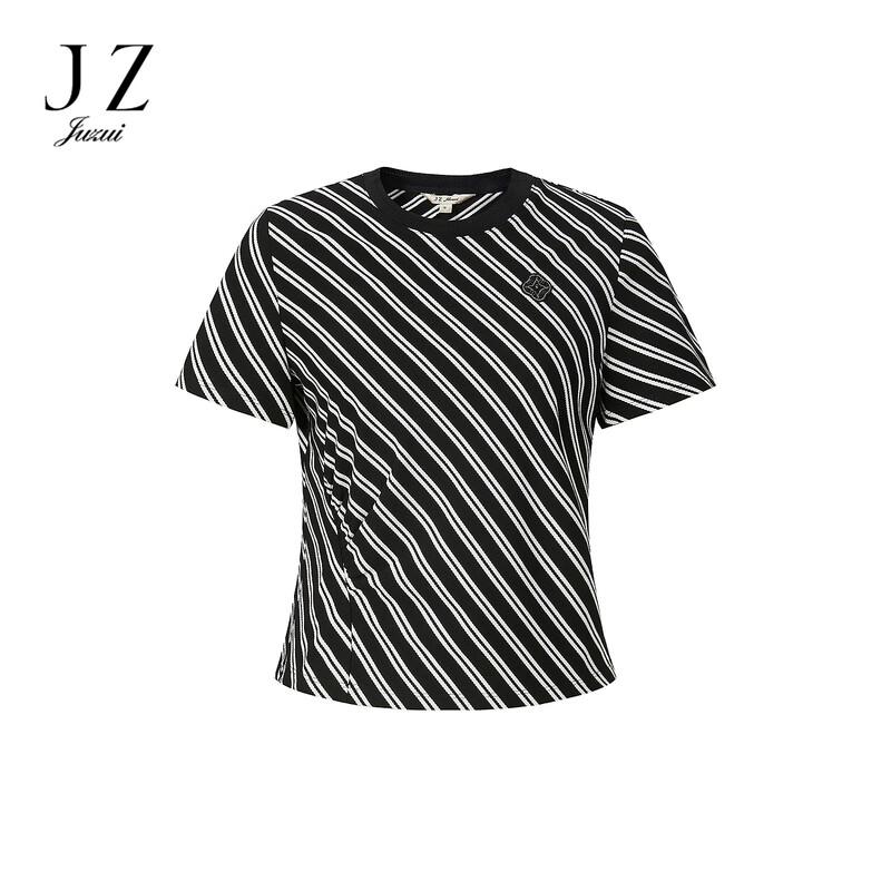 JUZUI Women s Striped Pleated Waist Round Neck Short Sleeve T-Shirt S