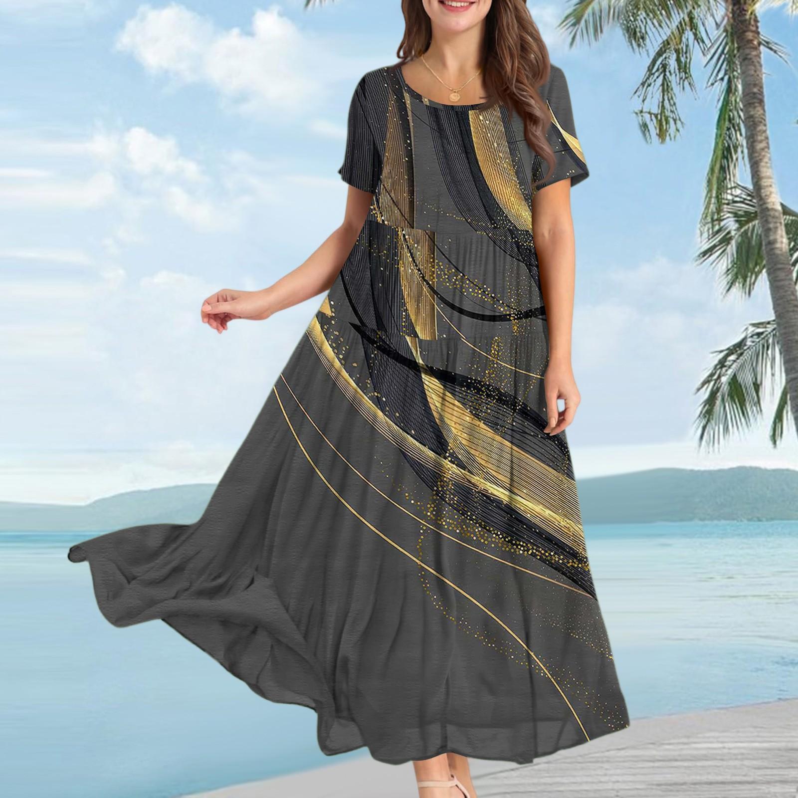 

Женское повседневное свободное богемное платье с цветочным принтом, длинное макси-платье с коротким рукавом, летнее пляжное платье-качели XL чёрный