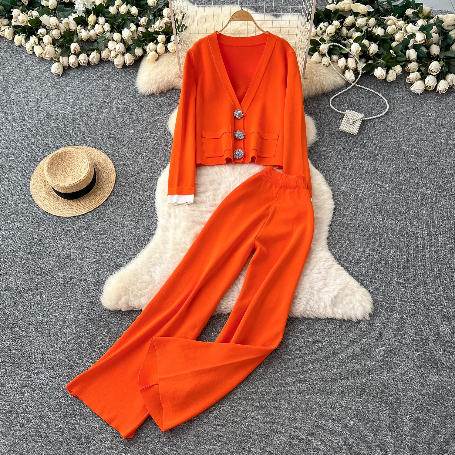 

Winter Knitwear Women Suits Long Sleeves Diamonds Buttons Tops+Casual Wide Legs Pants Loose Warm Sweater Sets One Size помаранчевий