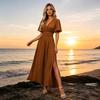 Women's Summer V Neck Maxi Dress, Short Sleeve Flowy A-line Slit Long Dress, Formal Wedding Guest Evening Dress