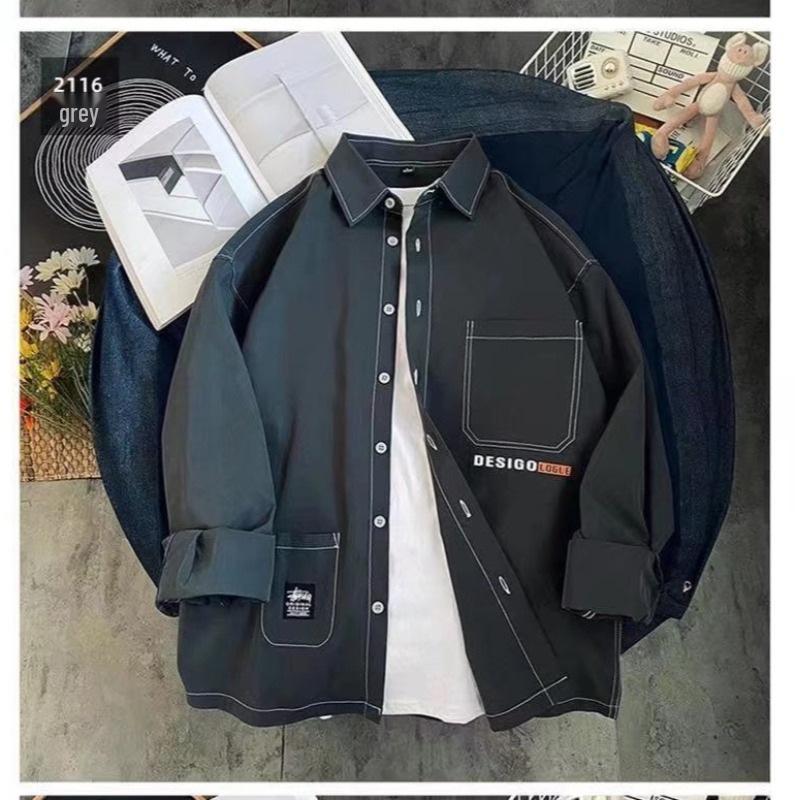 Men's Hong Kong Style Long-Sleeve Shirt: Trendy Loose-Fit Stitching Jacket for Early Autumn, Unisex Couples Design