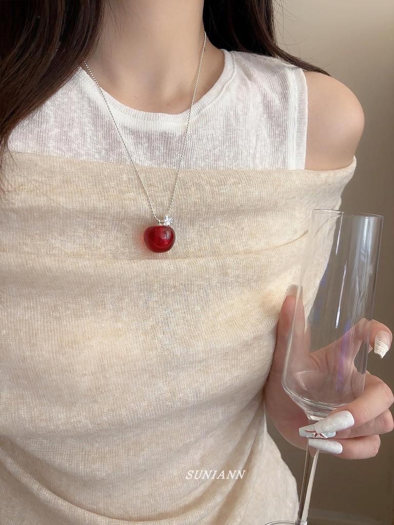 Einziehbare Rote Kirsch-Anhänger Halskette - Elegante Vielseitige Lange Pulloverkette Choker für Damen