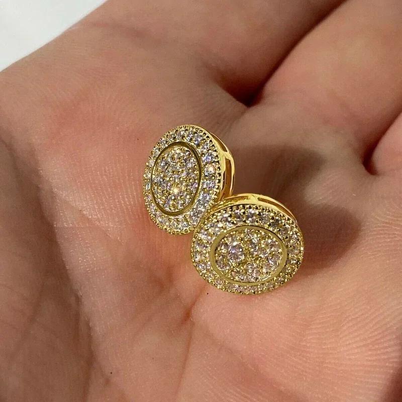 Gold Color Round-Shaped Stud Earrings For Women Full Paved Brilliant Cubic Zirconia Fashion Versatile Jewelry Bulk
