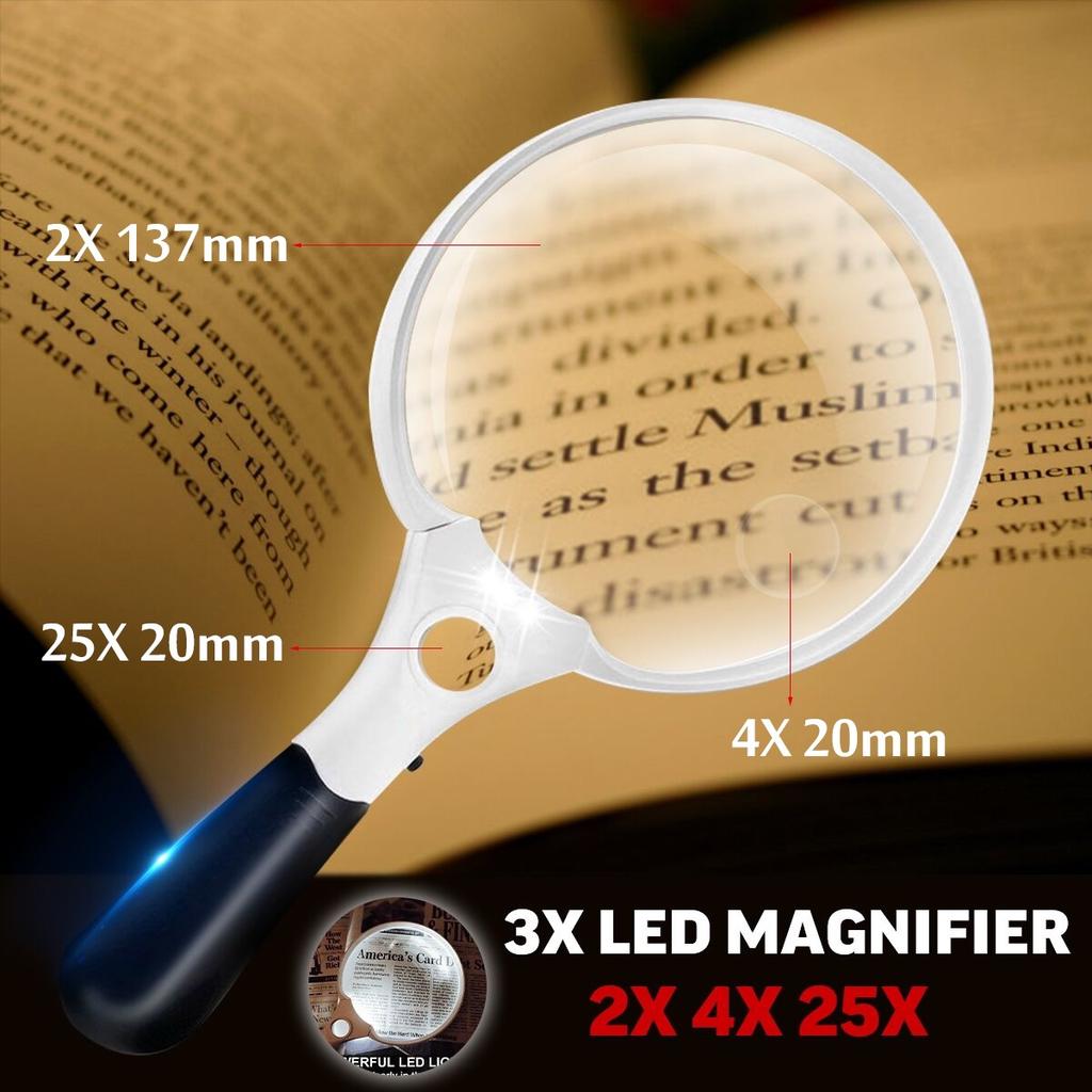 Buy 3-in-1 5.5inch Extra Large 2X 4X 25X Handheld 3LEDs Magnifier ...