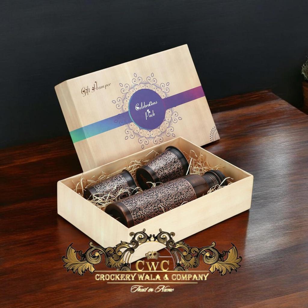 Pure Copper Bottle with 2 Glass Gift Set (Antique Itching Regular) 1 Litres