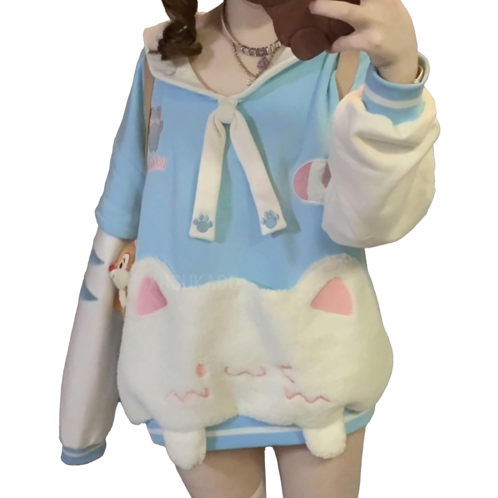 

XHSUKADO Пуловер с принтом кошки Длинный Облегающий Y2K Субкультура Моряк Студент Моряк Школа Легкий Размер XL Женское Пальто/Верхняя одежда Худи, Рукав, Топ, Стиль, синий