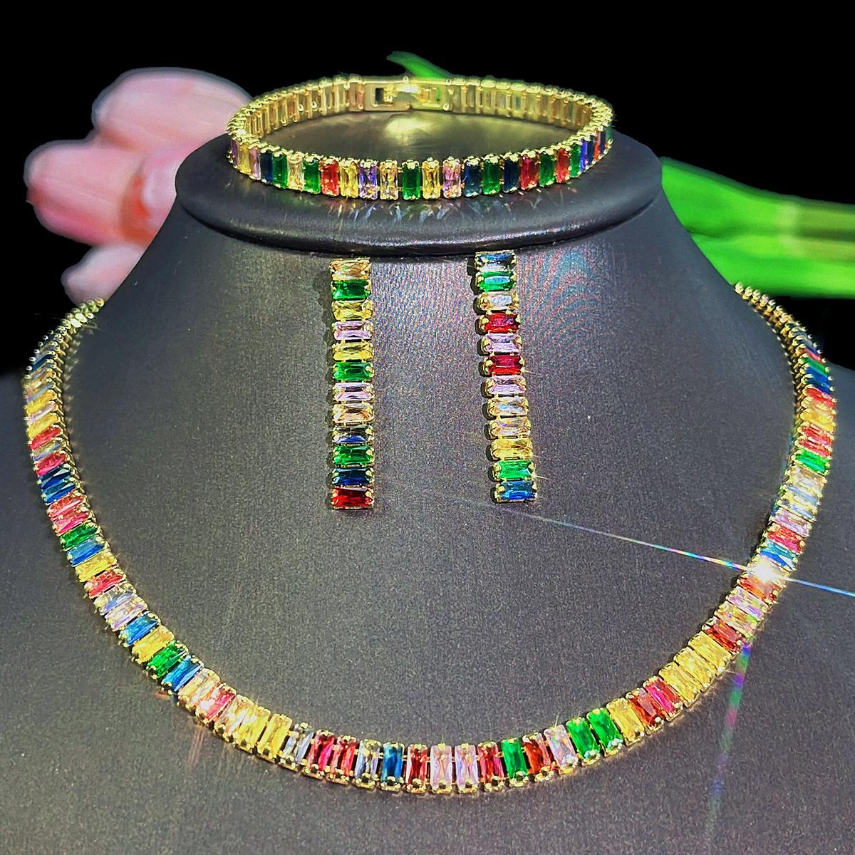

2026 Light Luxury High-end Color Zircon Necklace Niche Trendy Popular Bracelet Temperament European and American Set Jewelry 45CM