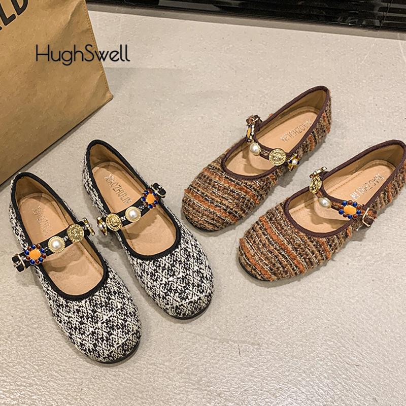 Fashion Ethnic Tweed Knitted Ballet Flats Woman Individual Beads Buckle Ballerina Shoes Ladies Jacquard Design Fluffy Mary Jane Zapatos