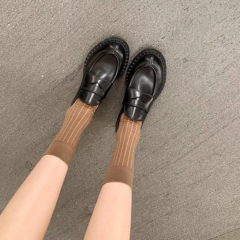 Cowhide version~ Genuine leather platform loafers women's black round head thick heel single shoes retro British lazy small leather shoes
