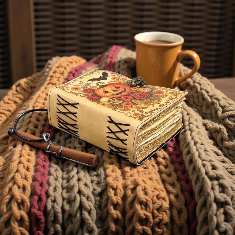 `Handmade Halloween Pumpkin Leather Journal | Floral Witchy Grimoire Notebook | Vintage Notebook with Lock Closure