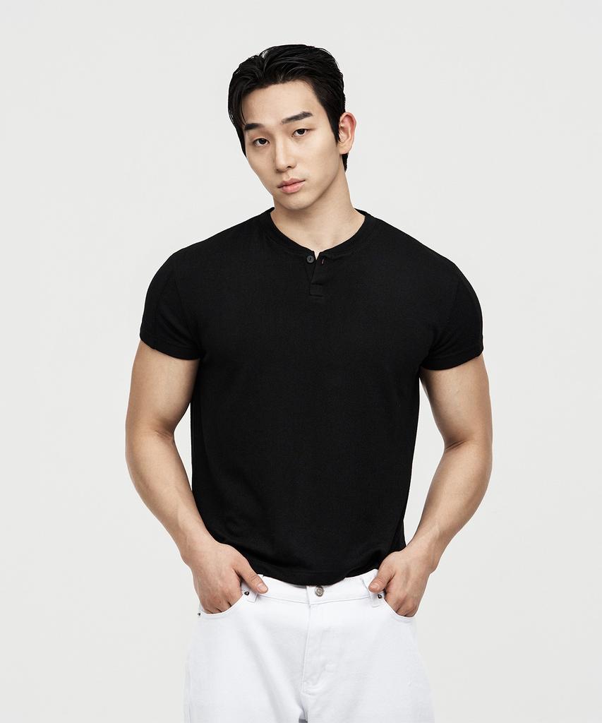 JELEVE Henley Neck One-Button Muscle Fit Short Sleeve