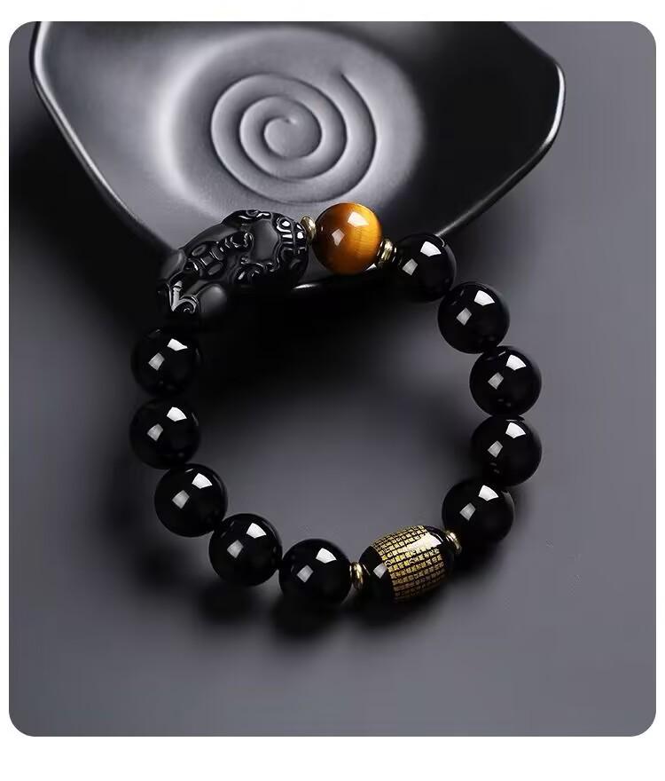 Men's Black Gold Obsidian & Tiger Eye Wealth Bracelet with Heart Sutra Bead