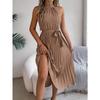 Sleeveless Summer Pleated A-line Dress Casual Solid Color Loose Party Lace-up Elegant Dresses Fashion Midi Sweet Stand Collar Holiday Clothing