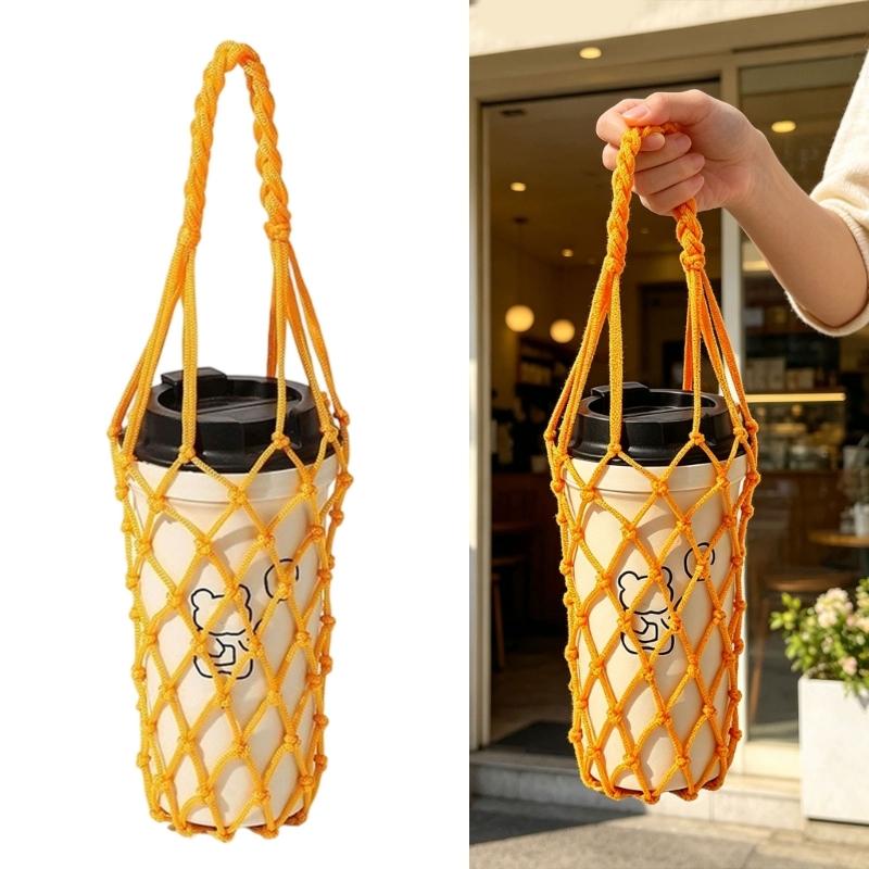 Portable Cup Wrap with Cord Pattern and Carry Handle, Light Outer Coverage for Takeaway Coffee and Desk Beverage Use