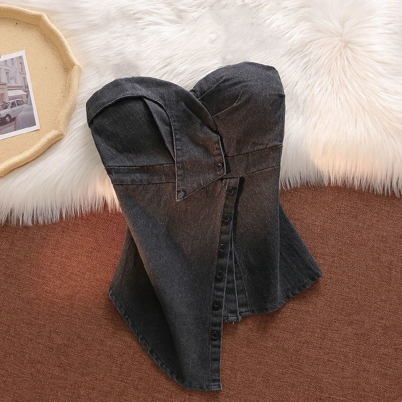 Sleeveless Denim Tops Sexy Women Summer Jeans Tanks Crop Top Removable Strapless Cowboy Bustier Corset