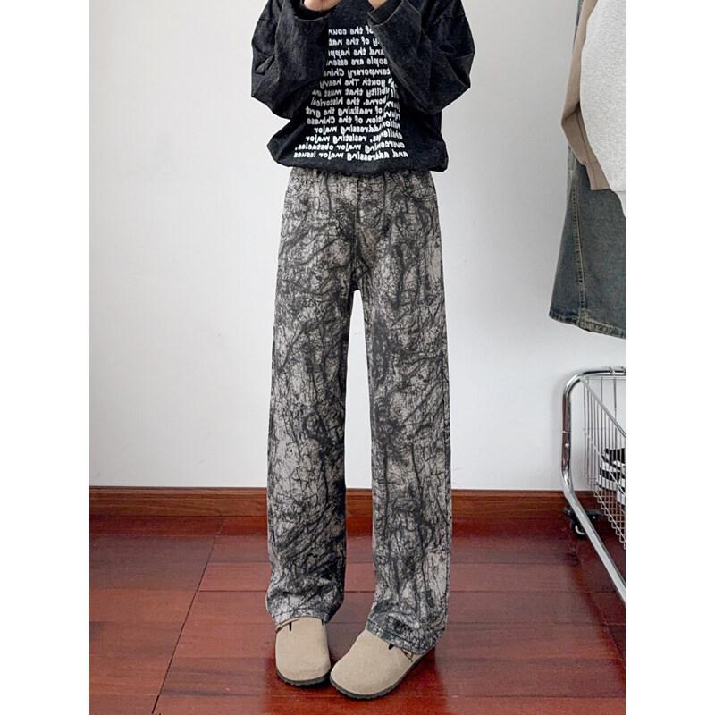 American retro ink tie-dye jeans design trendy brand slightly curved pants men's spring niche straight-leg pants