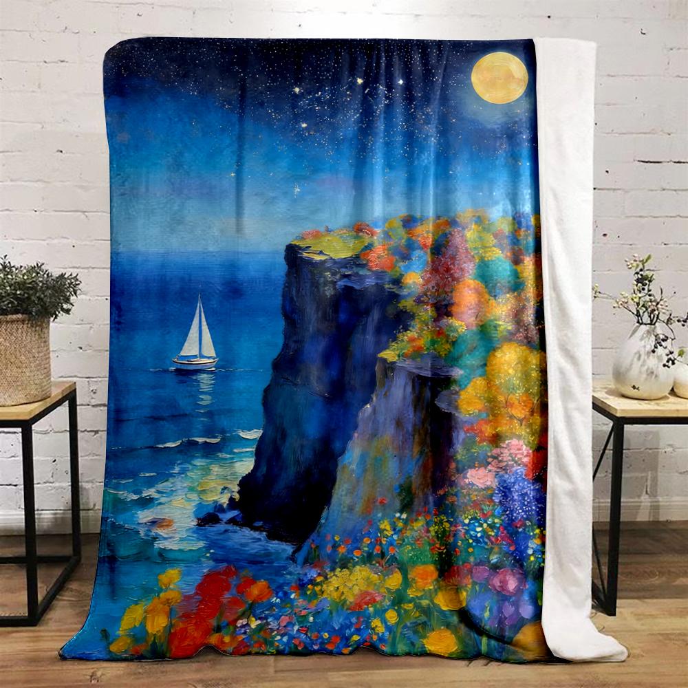 Colorful cliff with sailboat under moonlight Flannel blanket for bedroom, living room, sofa, and nap sofas