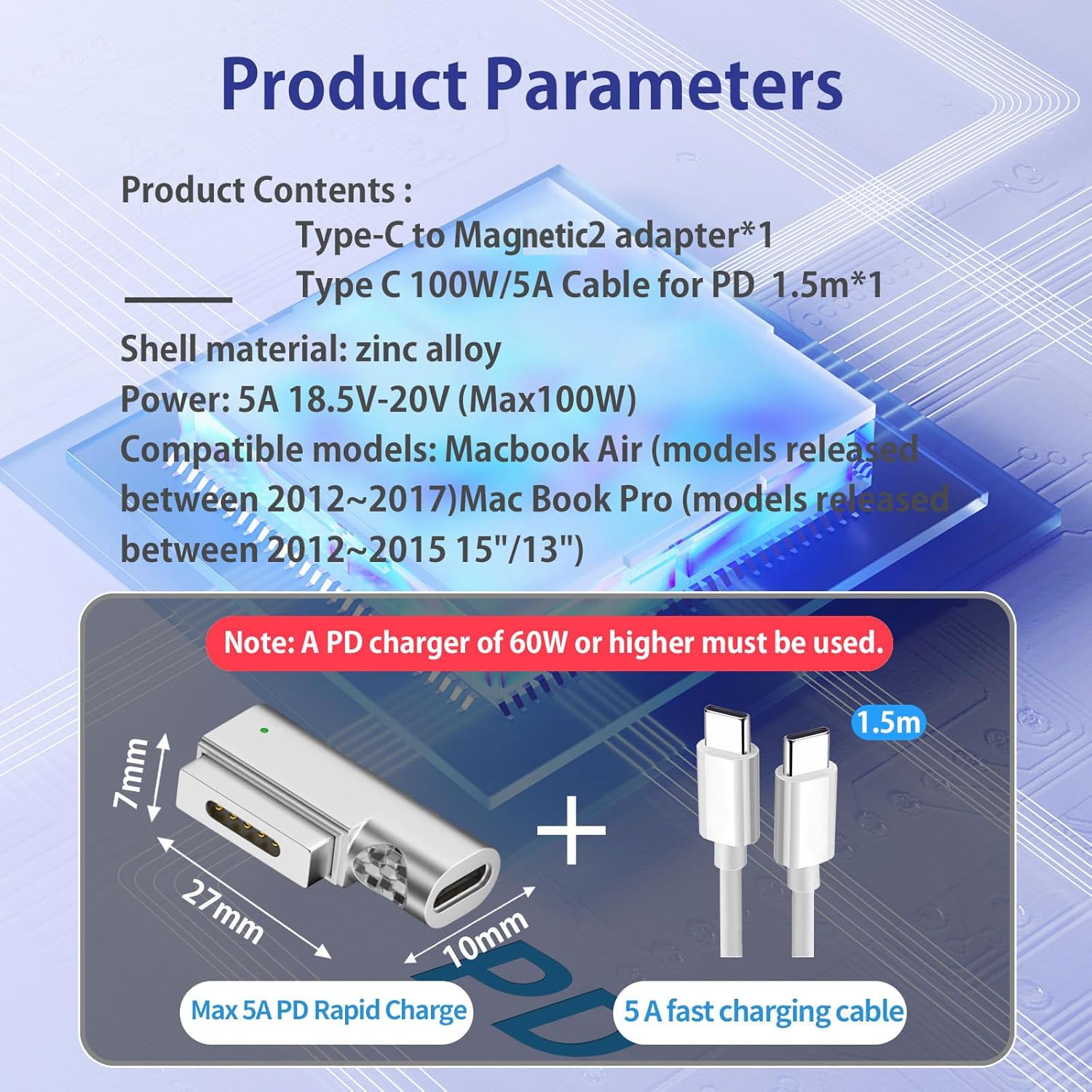 

Magnetic USB C Type-C to MagSafe 2 T-Head PD 100W Power Adapter Fast Charging Converter for 2013-2015 MacBook Pro Air with Cable Model D